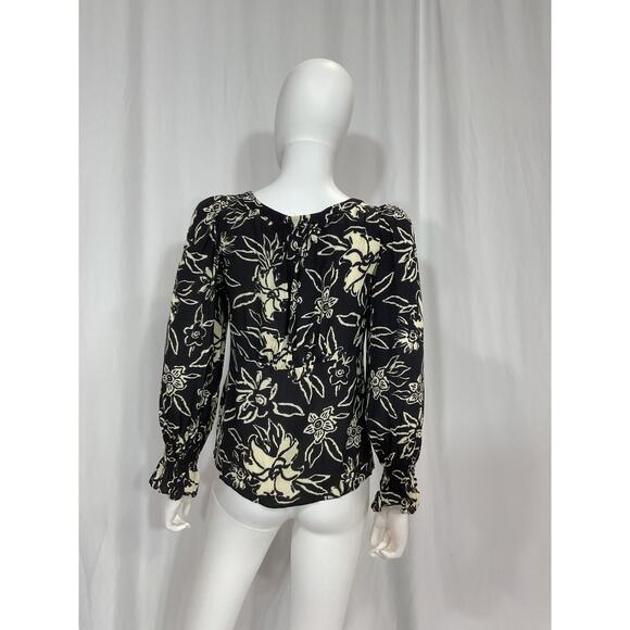 Ba&Sh 'Sessee' Black Floral Print Three Quarter Sleeve U Neck Button Blouse - Picture 3 of 5
